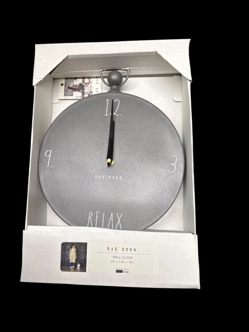 Rae Dunn “RELAX” Wall Clock Grey Metal Finish New in Box